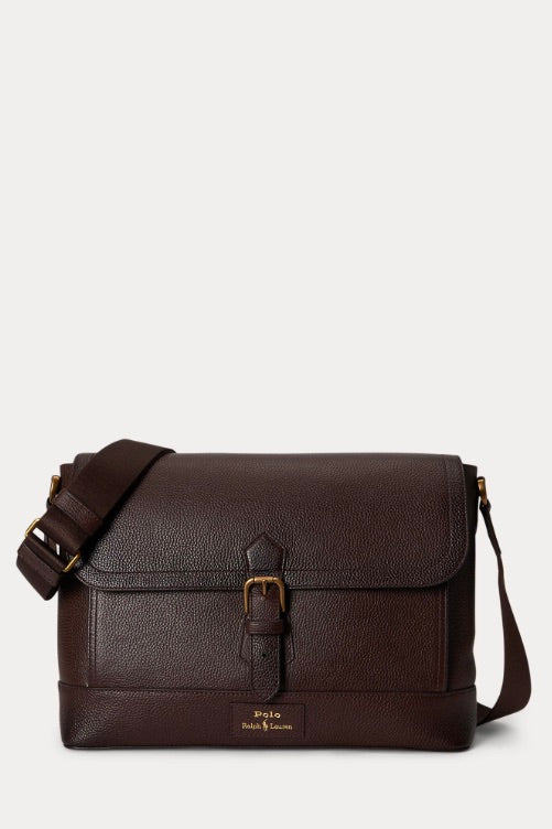 Pebbled Leather Messenger Bag Dark Brown