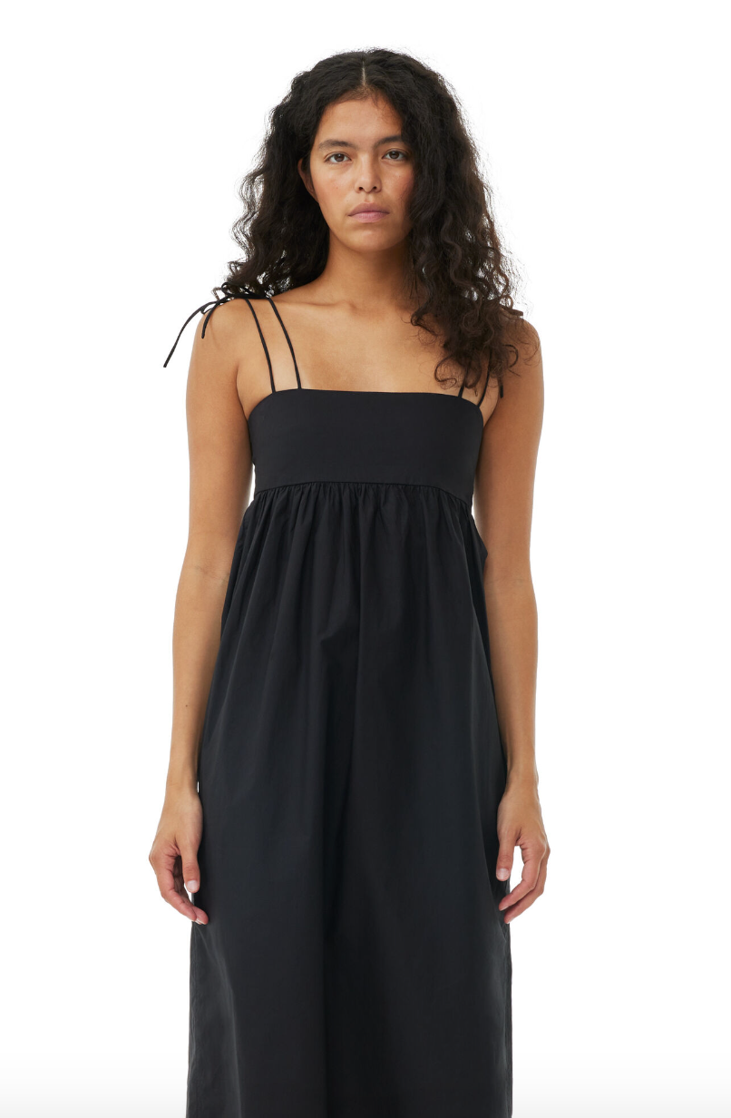 Cotton Poplin String Midi Dress - Black