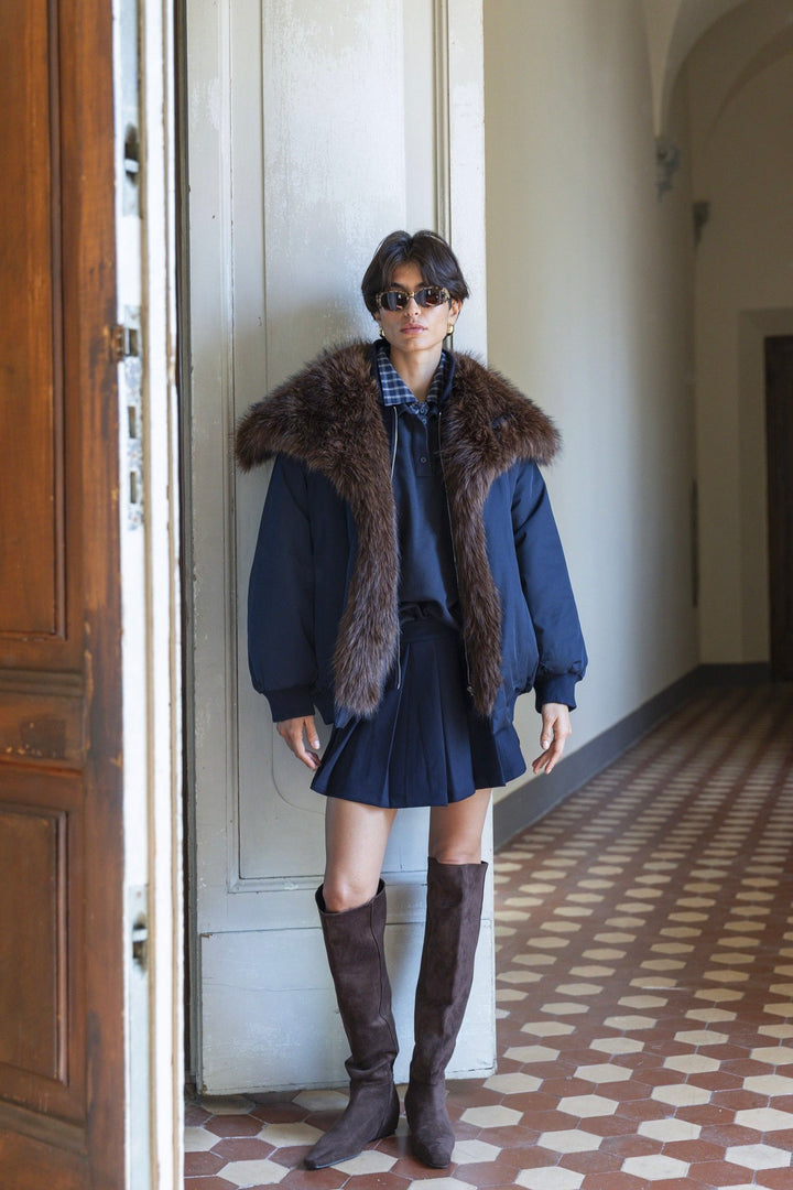 Padded Faux-Fur-Trim Jacket Blue