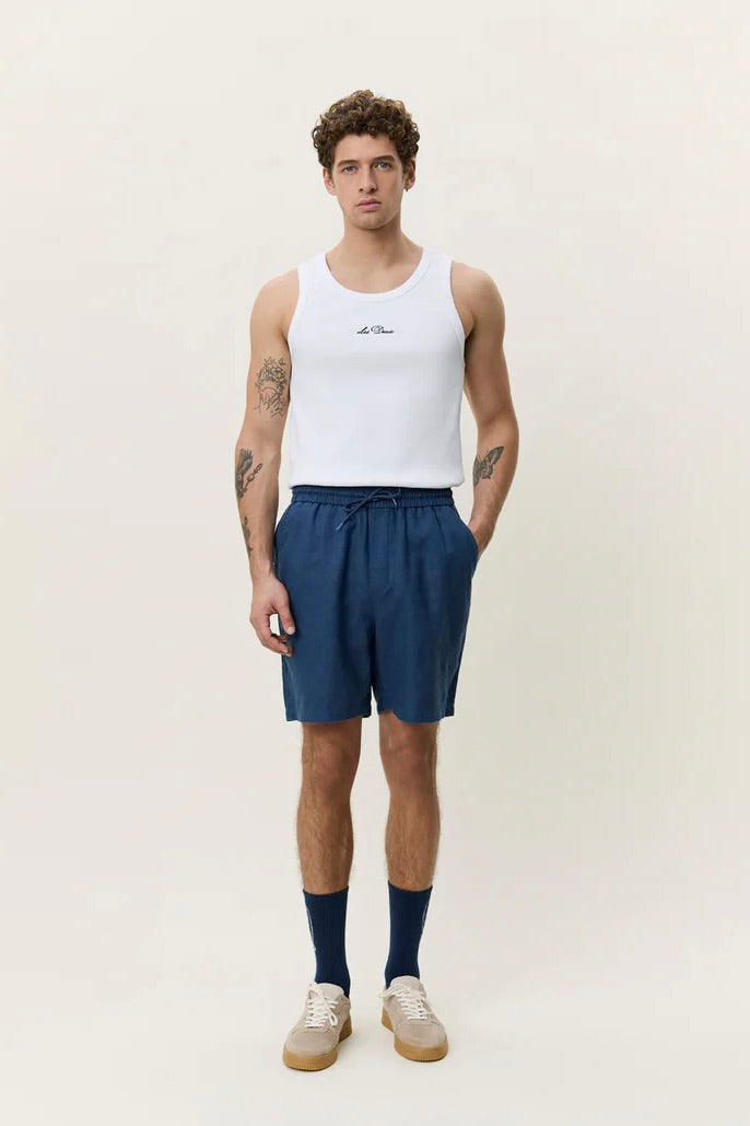 Drawstring Linen Shorts Dark Denim Blue