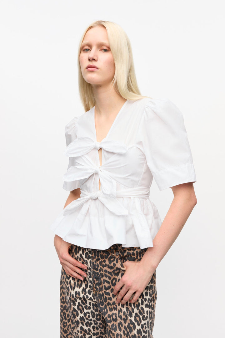 Washed Stretch Cotton Tie Strap Blouse Bright White