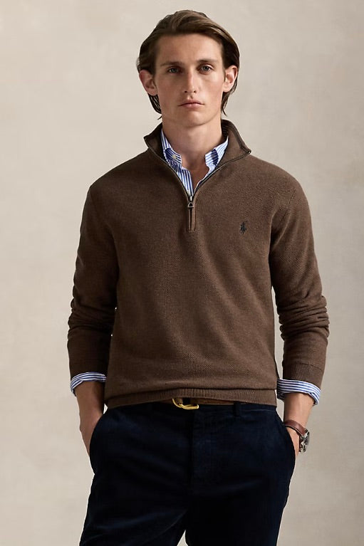 Mesh-Knit Cotton Quarter-Zip Jumper Nutmeg Brown