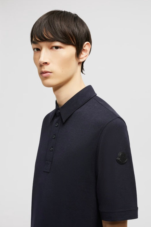 Double Leather Logo Cotton Polo Shirt Navy