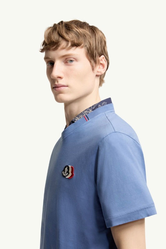 Embroidered Tricolor Logo Cotton T-Shirt Light Blue