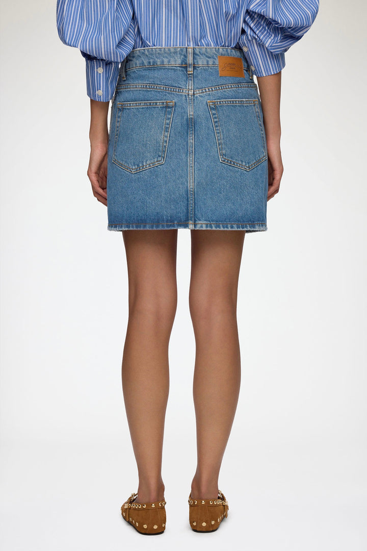 Rigid Denim Lace Mini Skirt Dark Vintage Blue