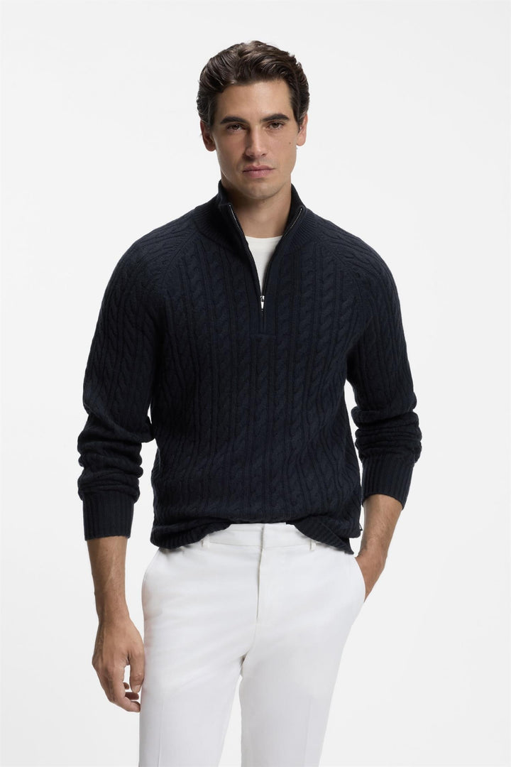 H-Furore Cable-Knit Zip-Neck Sweater Dark Blue