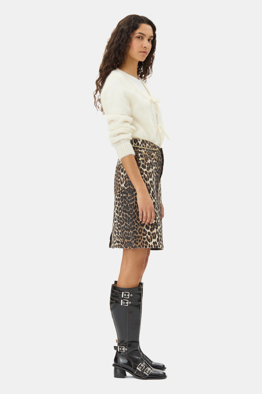 Leopard Foil Print Denim Skirt