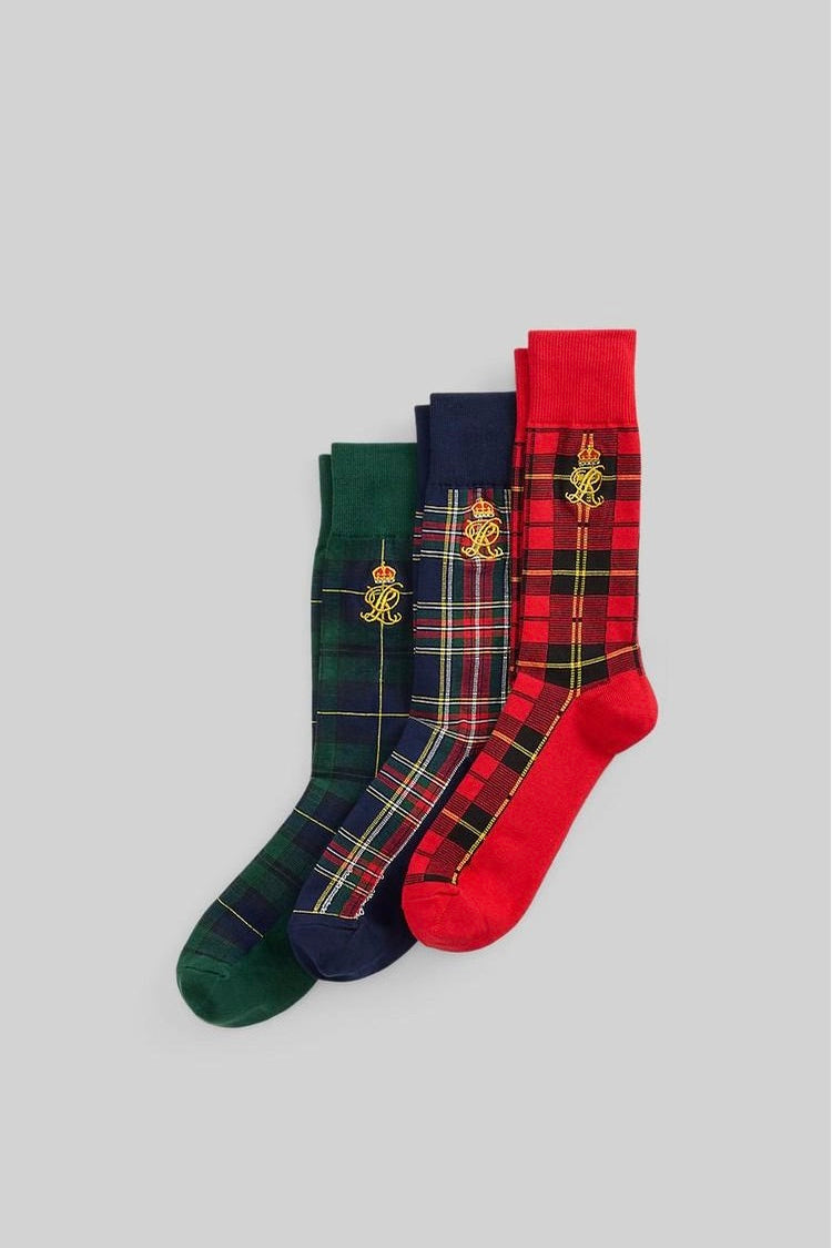 Combed Cotton Tartan Crew Sock 3 pk Red/Navy/Multi