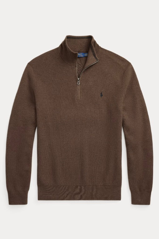 Mesh-Knit Cotton Quarter-Zip Jumper Nutmeg Brown