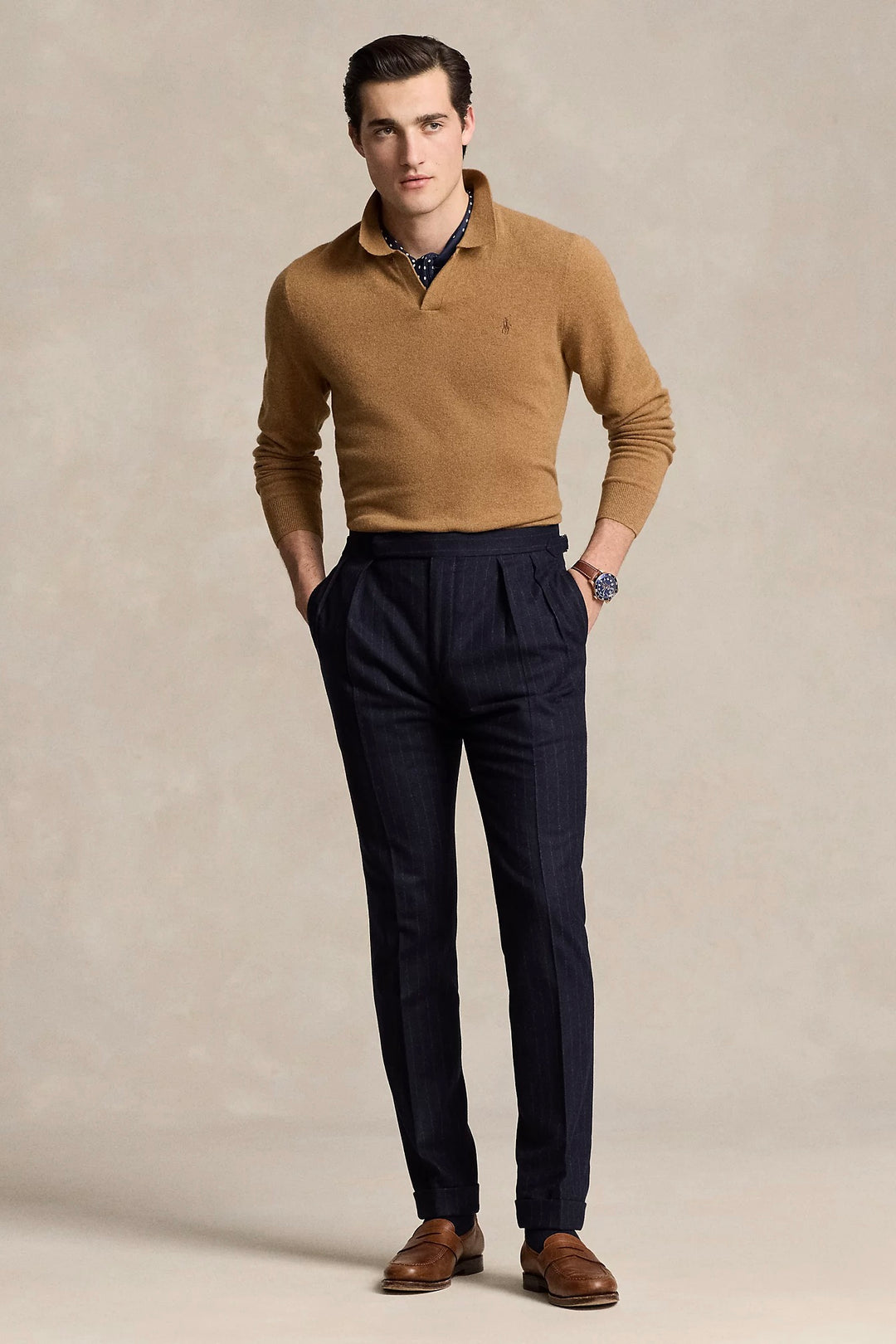 Wool Johnny-Collar Jumper Latte Brown