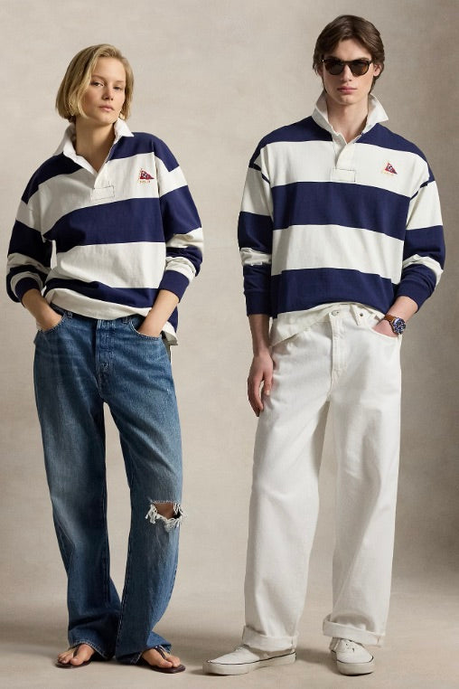 Big Fit Striped Jersey Rugby Shirt Newport Navy/Deckwash White