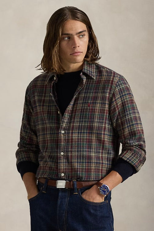Custom Fit Plaid Brushed Flannel Shirt Wine/Khaki
