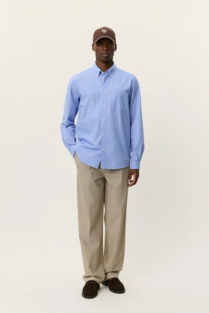 LES DEUX Kent Stripe Poplin Shirt Blue Fog - Dale