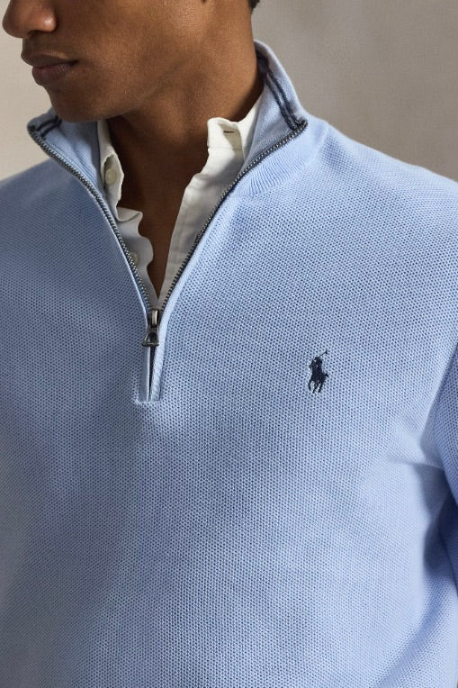 Mesh-Knit Cotton Quarter-Zip Jumper Office Blue