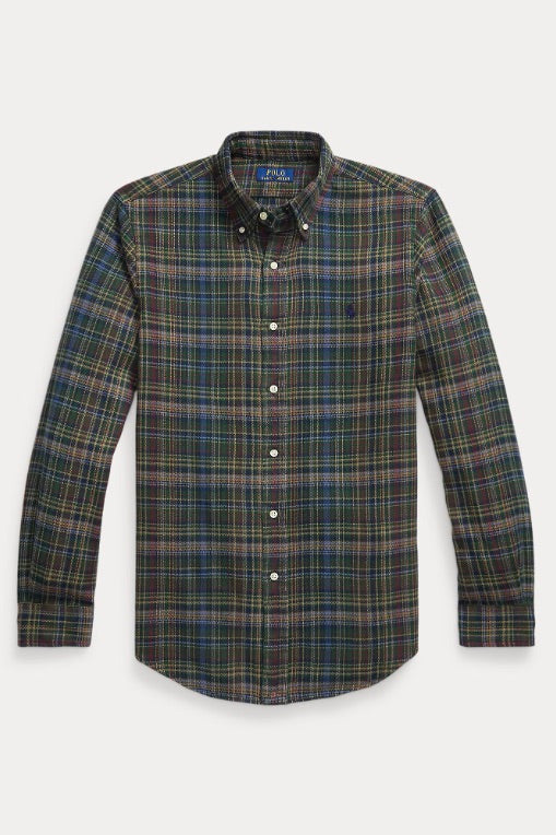 Custom Fit Plaid Brushed Flannel Shirt Pine Navy Multi