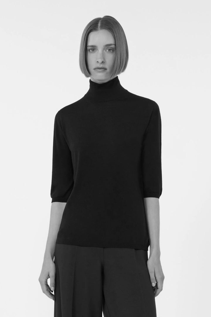 Stockinette-Stitched Wool Polo-Neck Sweater Black