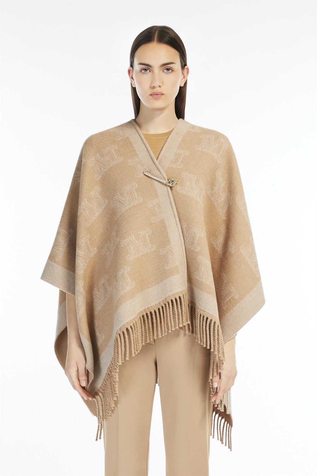 Frine Jacquard wool poncho Camel