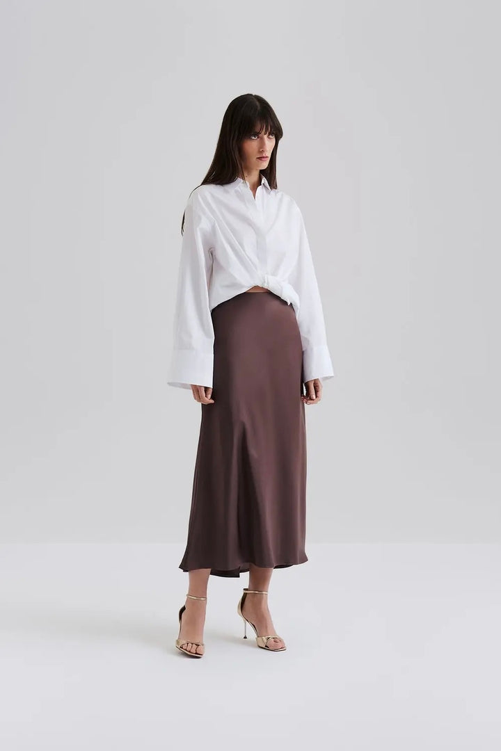 BY MALINA Aubree Satin Midi Skirt Chocolate - Dale