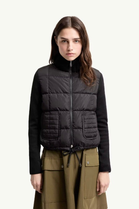 Square-Quilted Padded Wool Zip-Up Cardigan Black