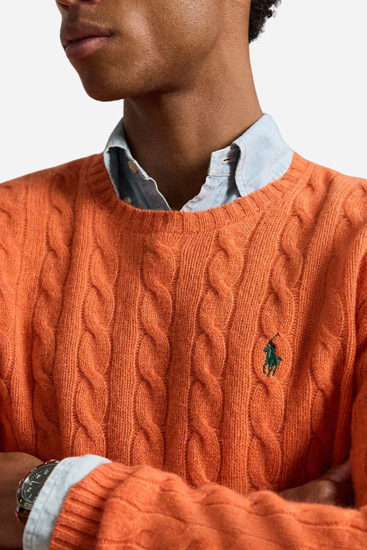 Cable-Knit Wool Cashmere Sweater Orange Jasper Heather