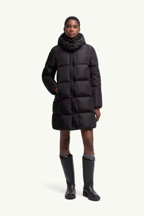 Litte Square-Quilted Hooded Long Down Jacket Black