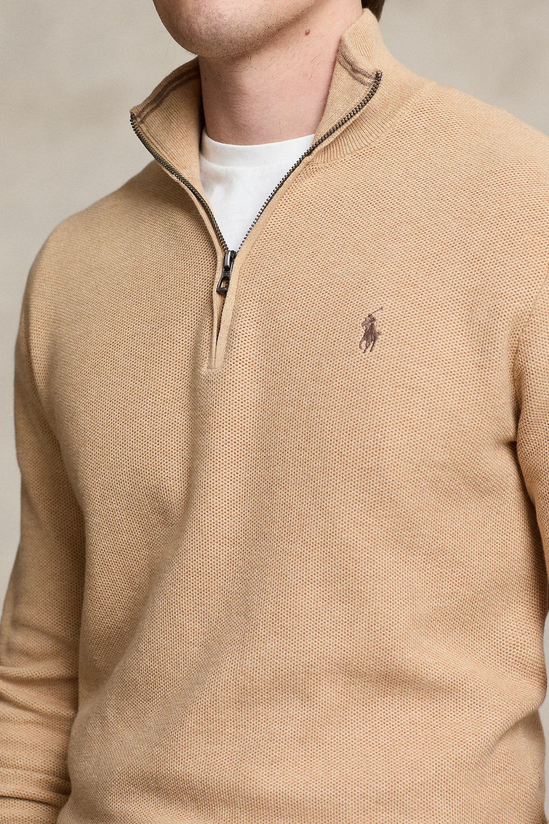 Mesh-Knit Cotton Quarter-Zip Jumper Camel Melange