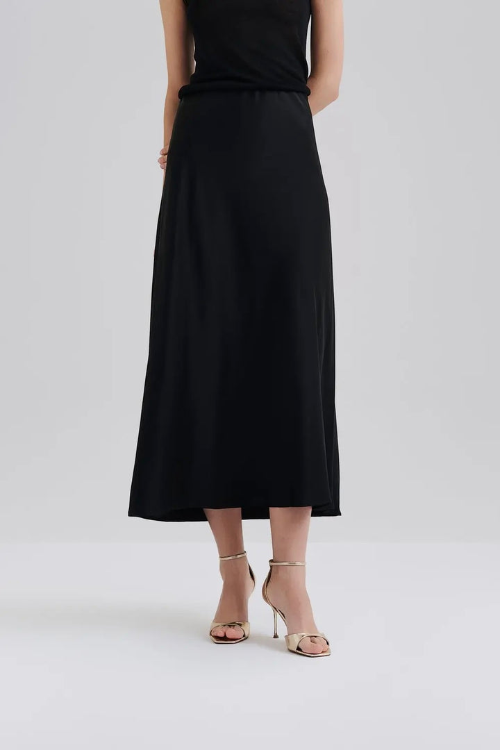 Aubree Satin Midi Skirt Black