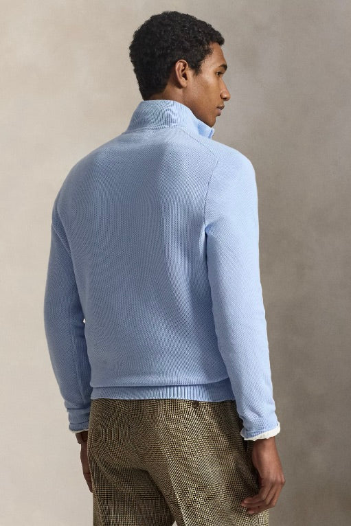 Mesh-Knit Cotton Quarter-Zip Jumper Office Blue