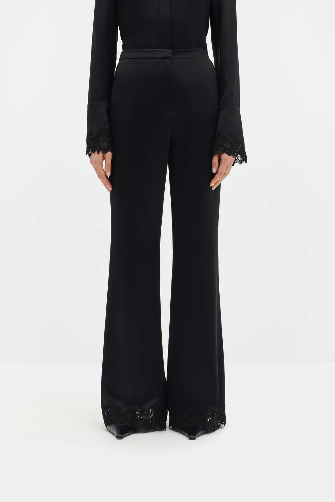 Marine Satin Lace Hem Trousers Black