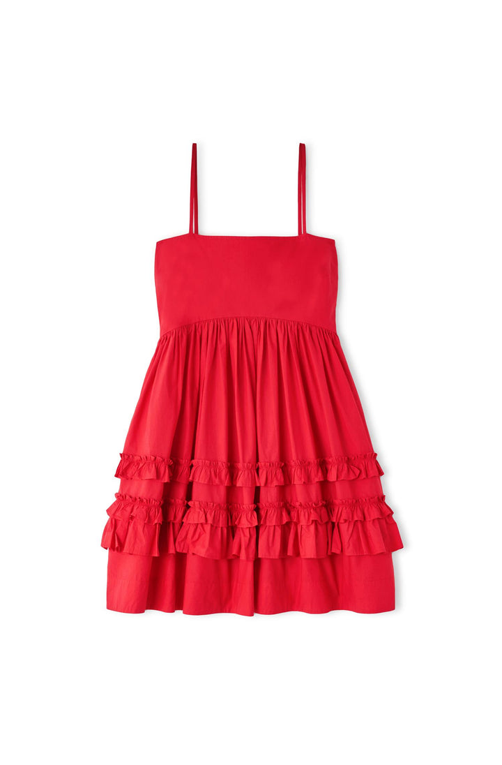 Cotton Poplin Mini Strap Frill Dress Racing Red