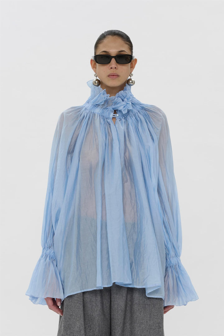 Estelle Ruffled Neck Blouse Light Blue