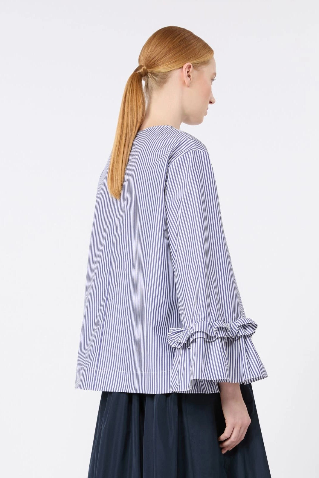 Poplin Blouse with Ruffles and Flounces Light Blue Stripe