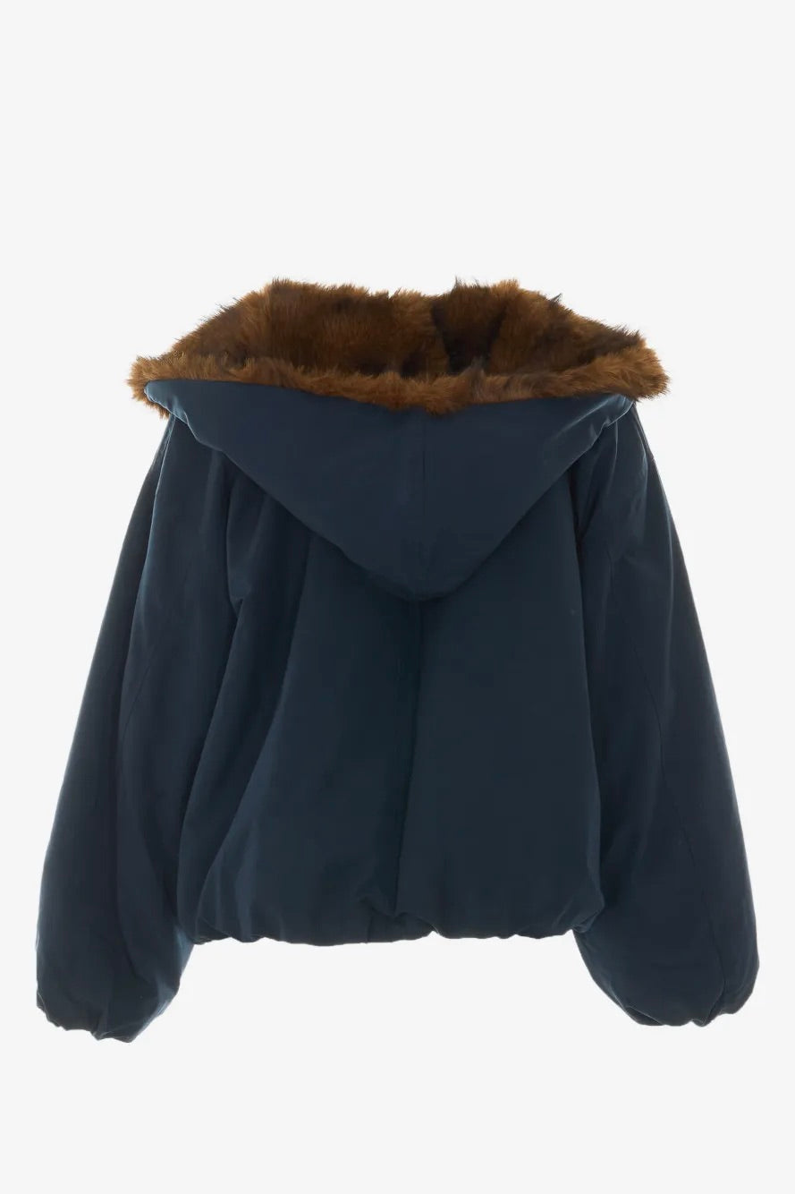 Padded Faux-Fur-Trim Jacket Blue