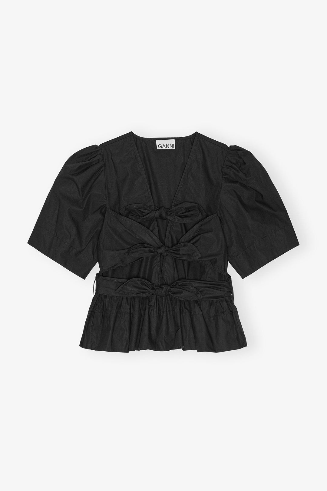 Washed Stretch Cotton Tie Strap Blouse Black