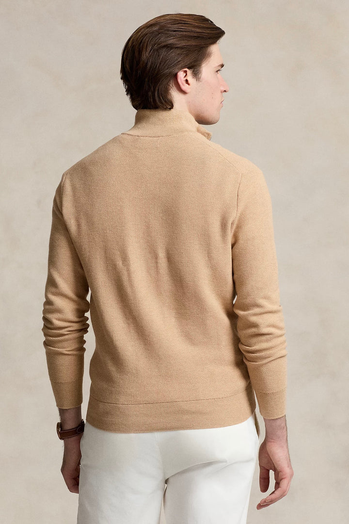 Mesh-Knit Cotton Quarter-Zip Jumper Camel Melange