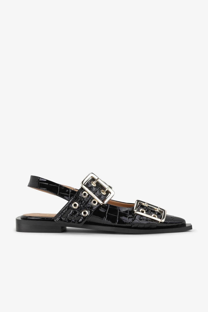 Feminine Buckle Ballerina - Black Patent Croco