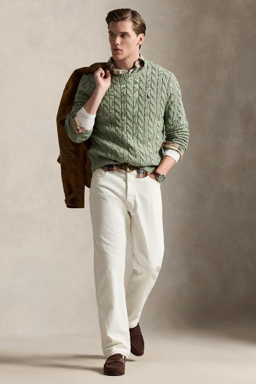 Cable-Knit Cotton Jumper Fern Green Heather
