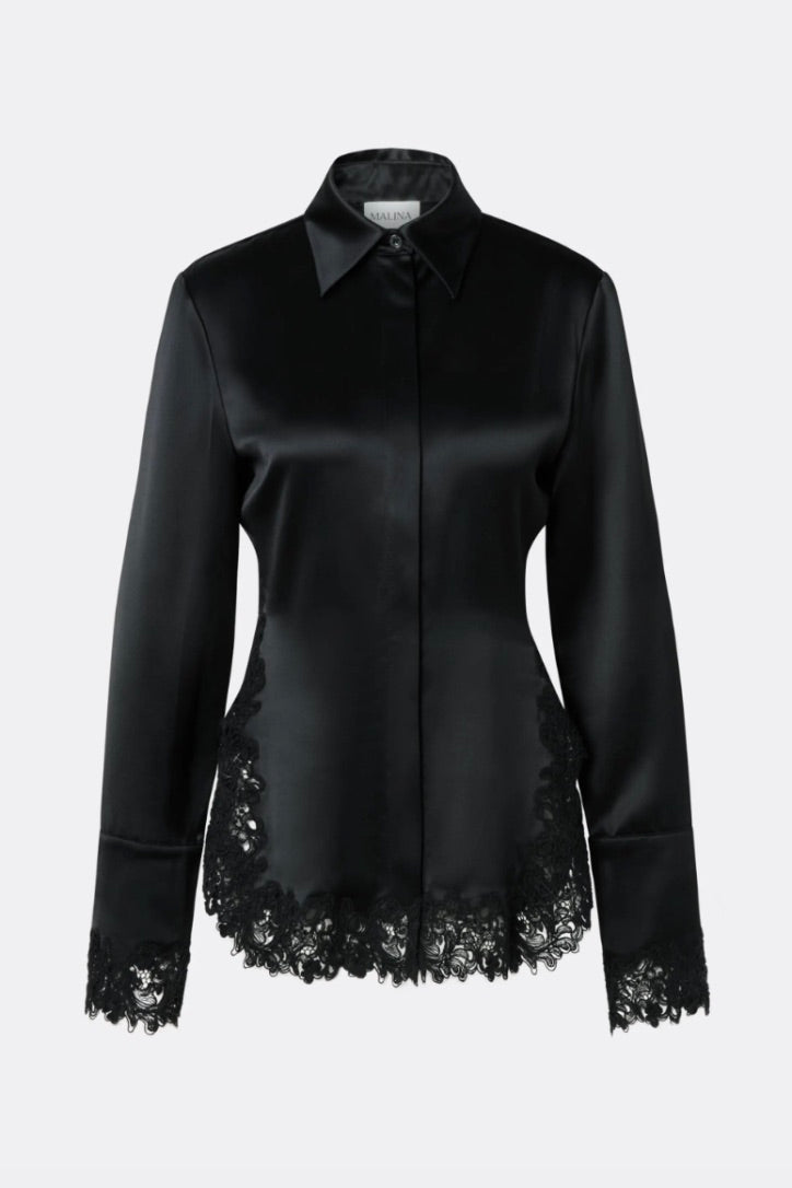 Malou Satin Lace Hem Shirt Black