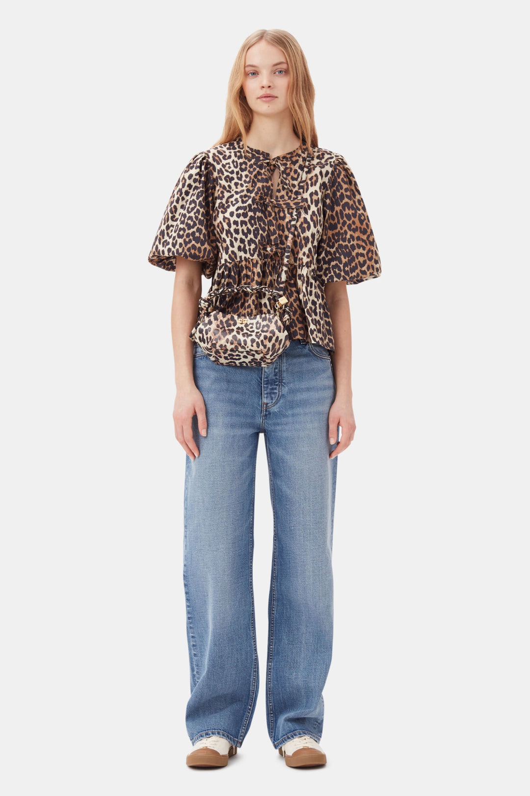 Leopard Cotton Poplin Peplum Tie Blouse