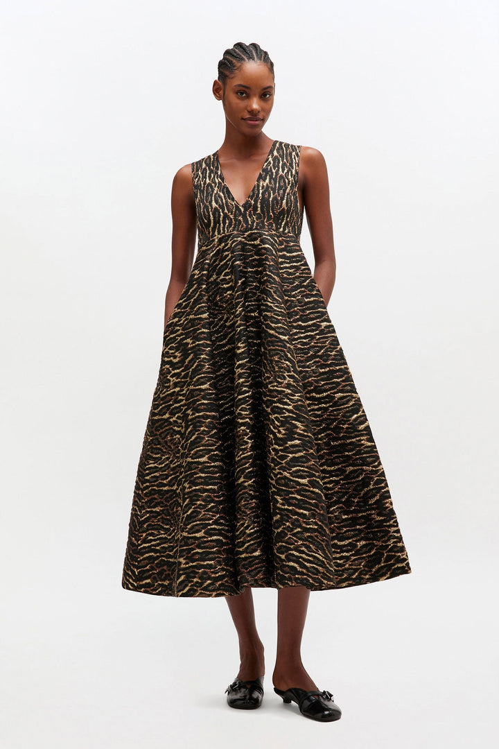 Metallic Cloque V-neck Long Dress