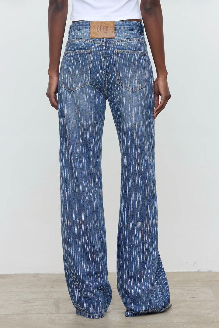 Strass Embellished Wide Leg Jeans Blue
