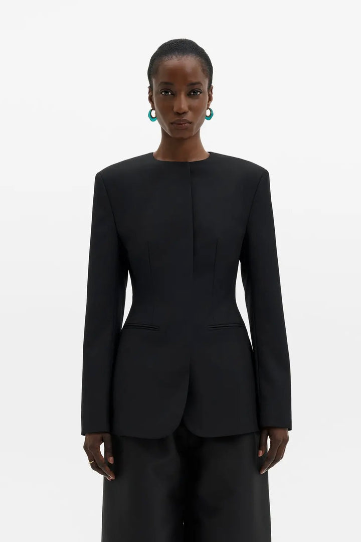 Carol Collarless Wool-Silk Evening Blazer Black