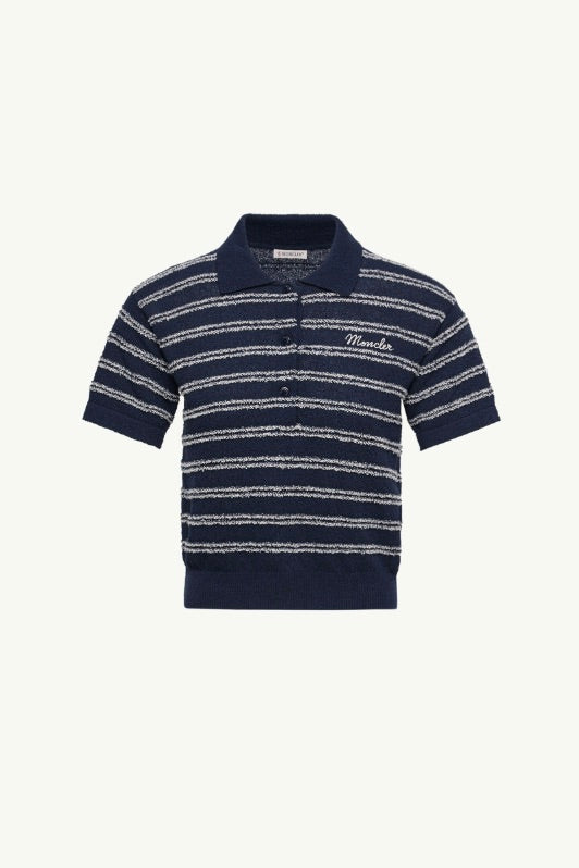 Cotton Blend Bouclé Crêpe Polo Shirt Navy