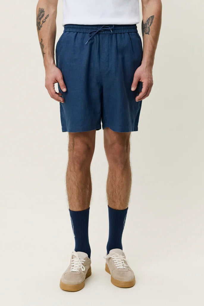 Drawstring Linen Shorts Dark Denim Blue