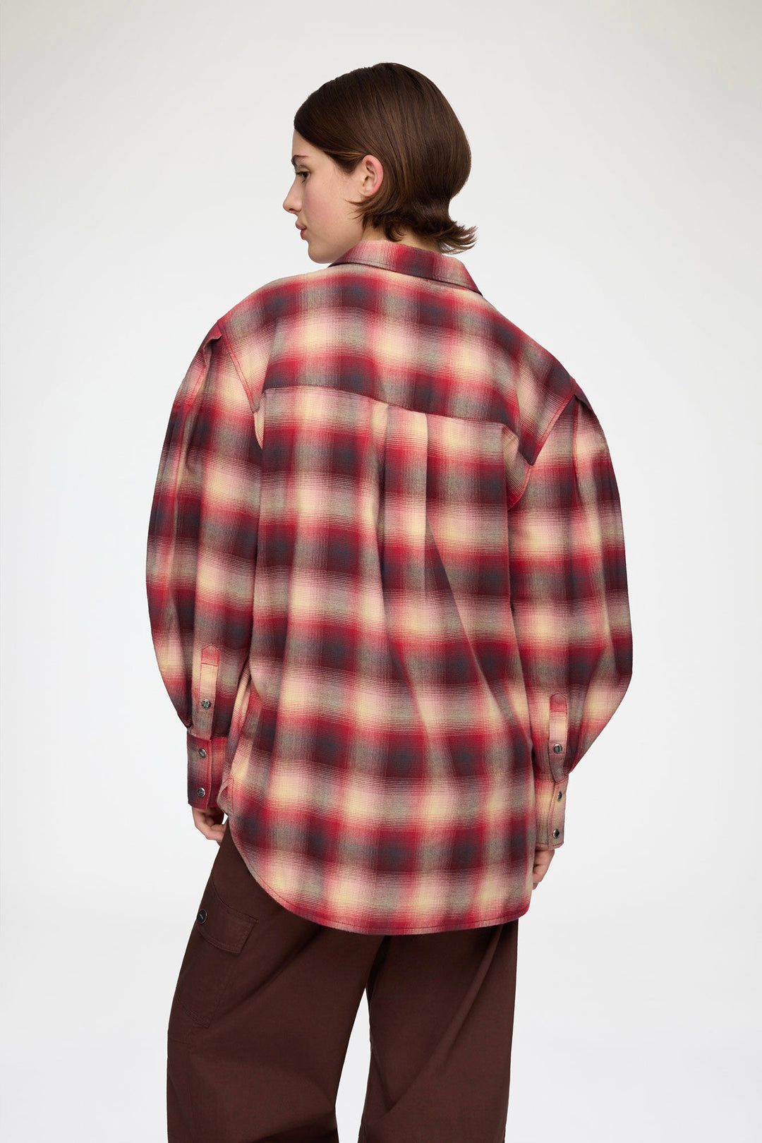 Cotton Flannel Check Pleated Sleeve Shirt Raspberry Wine