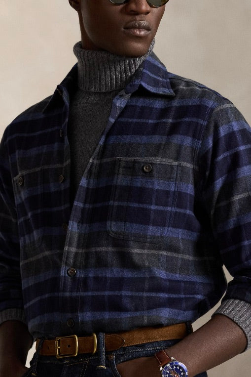 Classic Fit Plaid Twill Workshirt Navy/Grey Heather