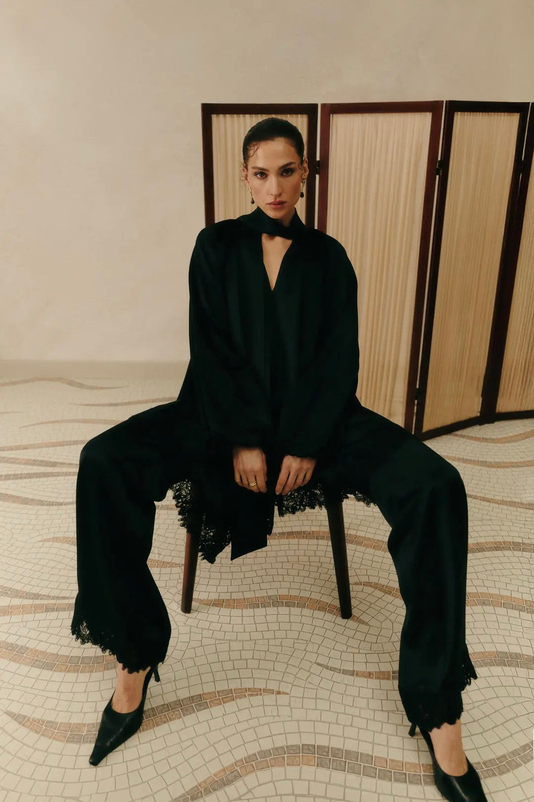Marine Satin Lace Hem Trousers Black