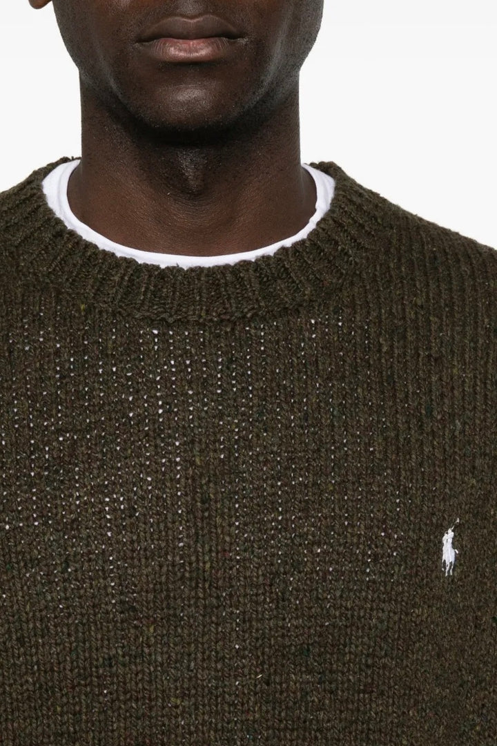 Logo-Embroidered Ribbed-Knit Sweater Olive Brown Marl