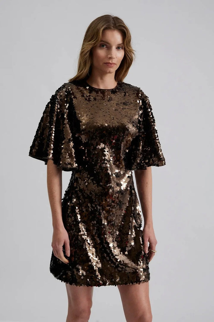 Yvette Wide Sleeve Sequin Mini Dress Chocolate