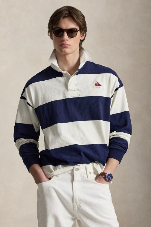 Big Fit Striped Jersey Rugby Shirt Newport Navy/Deckwash White